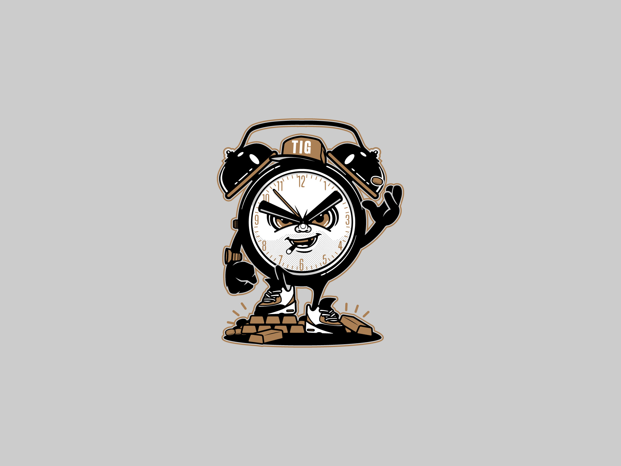 Vector Time is Gold Apparel Clock Character design by Old Dirty Dermot BK NY Creative for hire