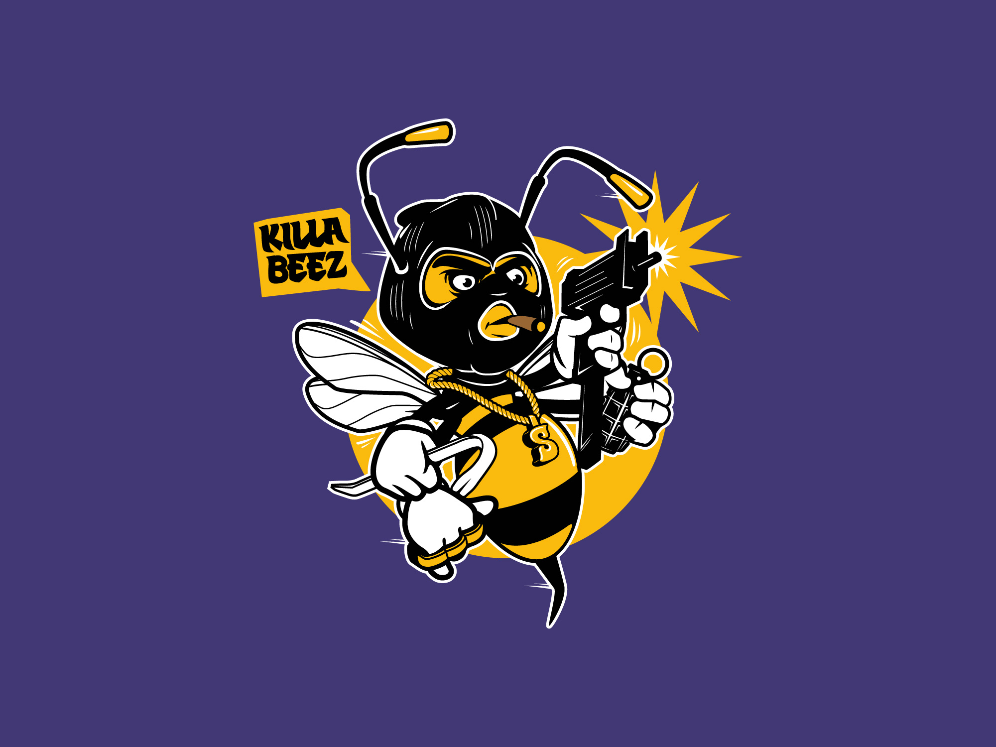 Vector Bee Mascot Character with gun and grenade. 