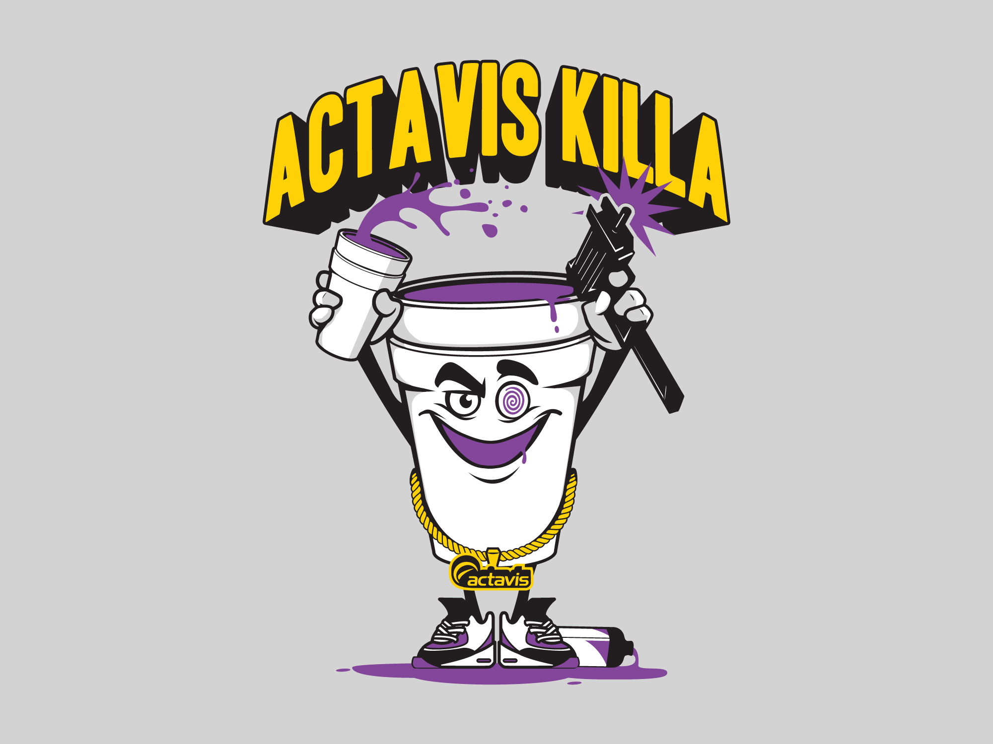 Vector Actavis Purple Drink Mascot Character T shirt design by Old Dirty Dermot BK NY Creative for hire