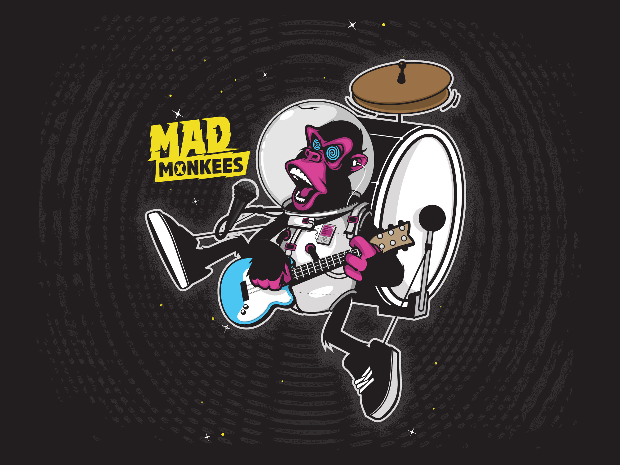 Mad Monkees Band Vector Monkey in Space playing music T shirt Design by Old Dirty Dermot BK NY Creative for hire