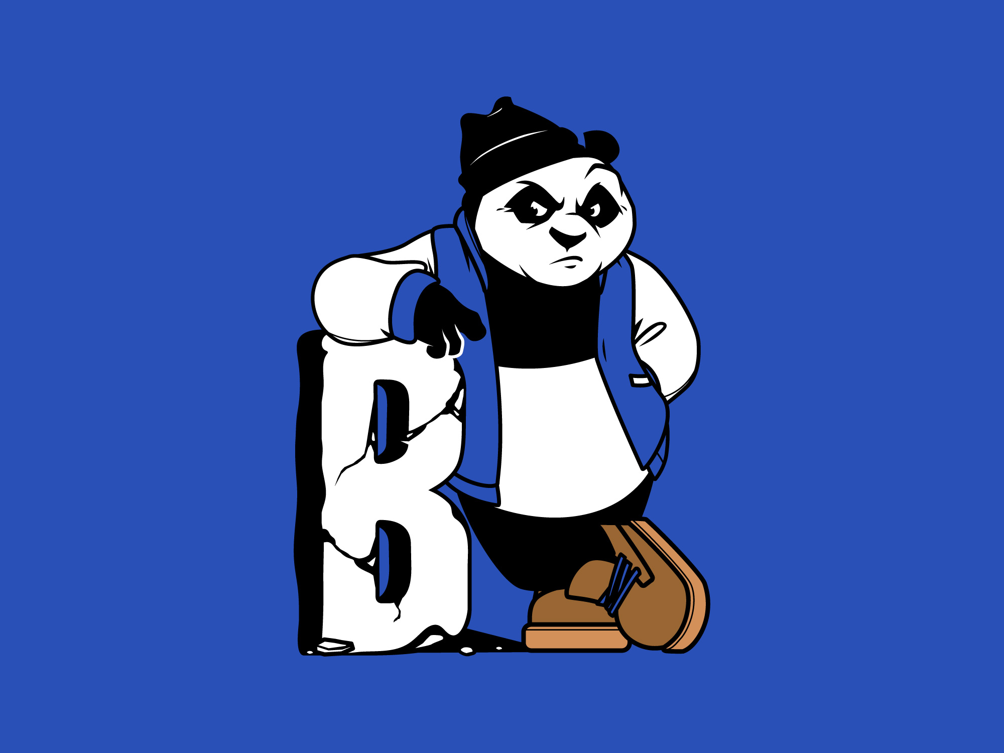 Vector Panda Leaning on the Custom Letter B Wearing jacket with Wool hat and Timberland boots T-shirt Design by Old Dirty Dermot BK NY Creative for Hire