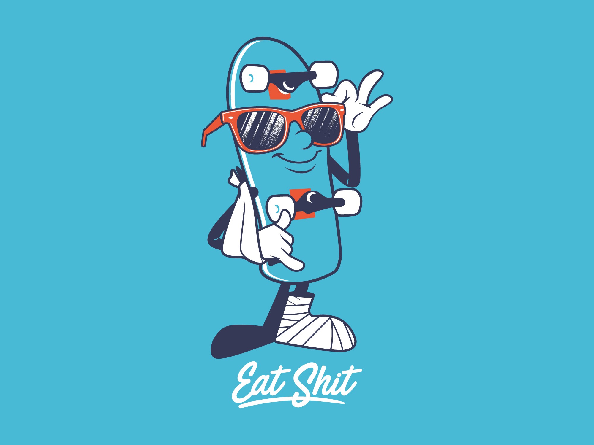 Skateboard character with broken leg and arm